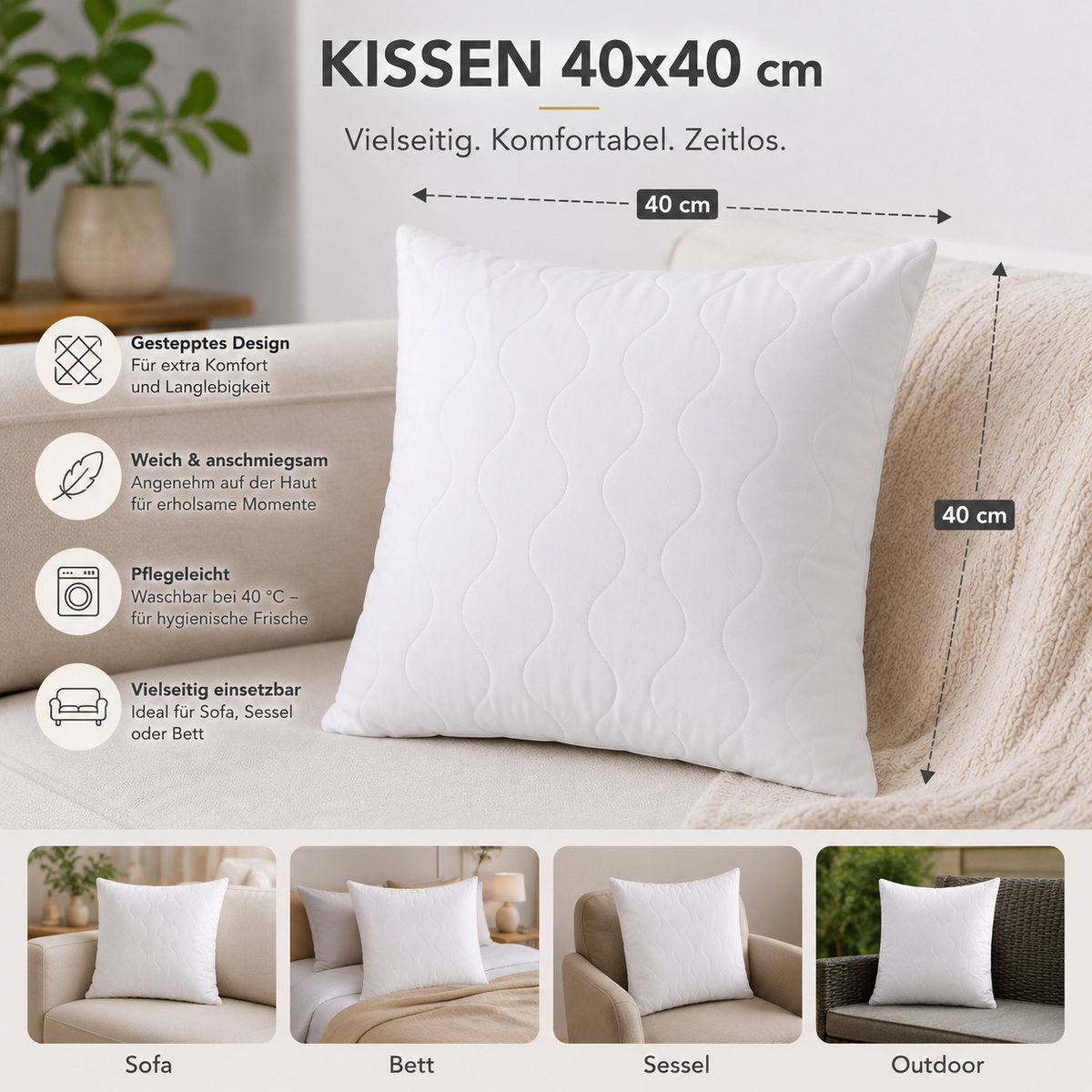 Premium Gestepptes Kissen – 100% Hergestellt in Deutschland | Luxus-Mikrofaser-Kissen mit Virgin-Faserfüllung | Erhältlich in allen Größen