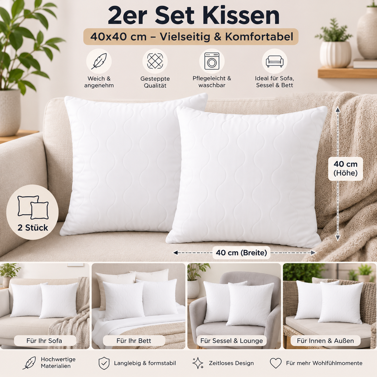 Premium Gestepptes Kissen – 100% Hergestellt in Deutschland | Luxus-Mikrofaser-Kissen mit Virgin-Faserfüllung | Erhältlich in allen Größen