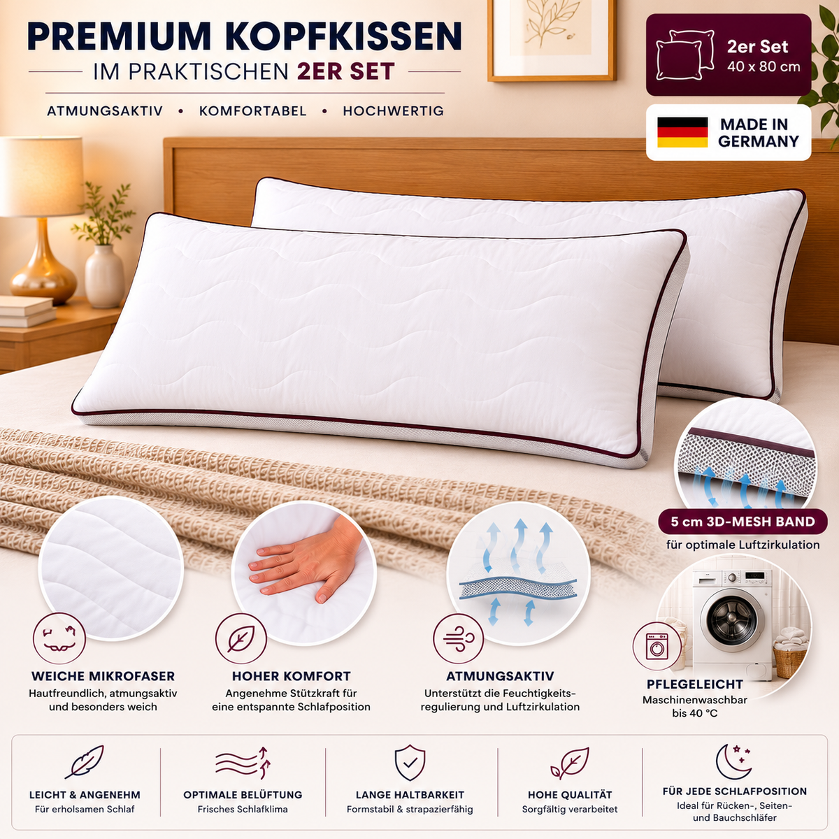 Atmungsaktives Mikrofaser-Kopfkissen 80x80cm – Verstellbarer Härtegrad mit Airflow-Netz | Made in Germany | 1er- oder 2er-Pack | Waschbar mit wiederverwendbarer Aufbewahrungstasche