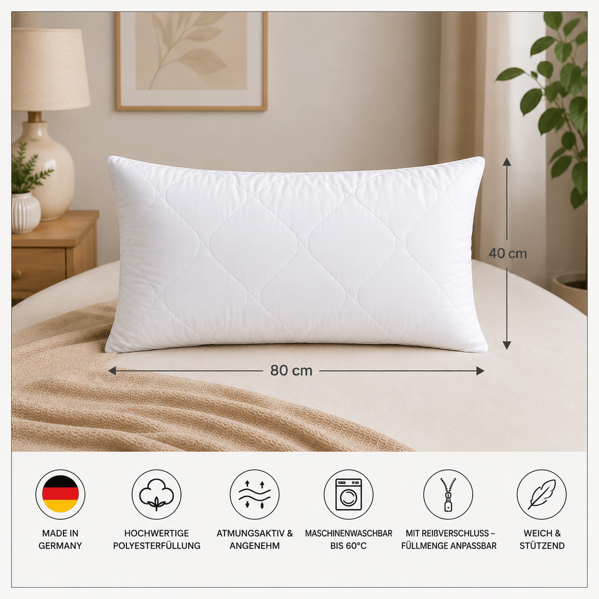 Premium Gestepptes Kissen – 100% Hergestellt in Deutschland | Luxus-Mikrofaser-Kissen mit Virgin-Faserfüllung | Erhältlich in allen Größen