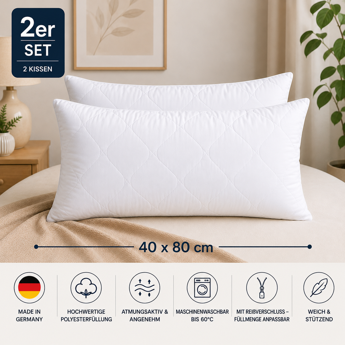 Premium Gestepptes Kissen – 100% Hergestellt in Deutschland | Luxus-Mikrofaser-Kissen mit Virgin-Faserfüllung | Erhältlich in allen Größen