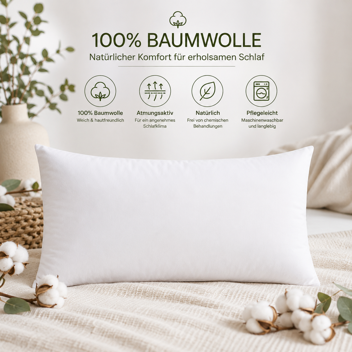 Wohnkultur Premium-Qualitätskissen, 100% Baumwollkissen, hergestellt in Deutschland, Hotelqualität