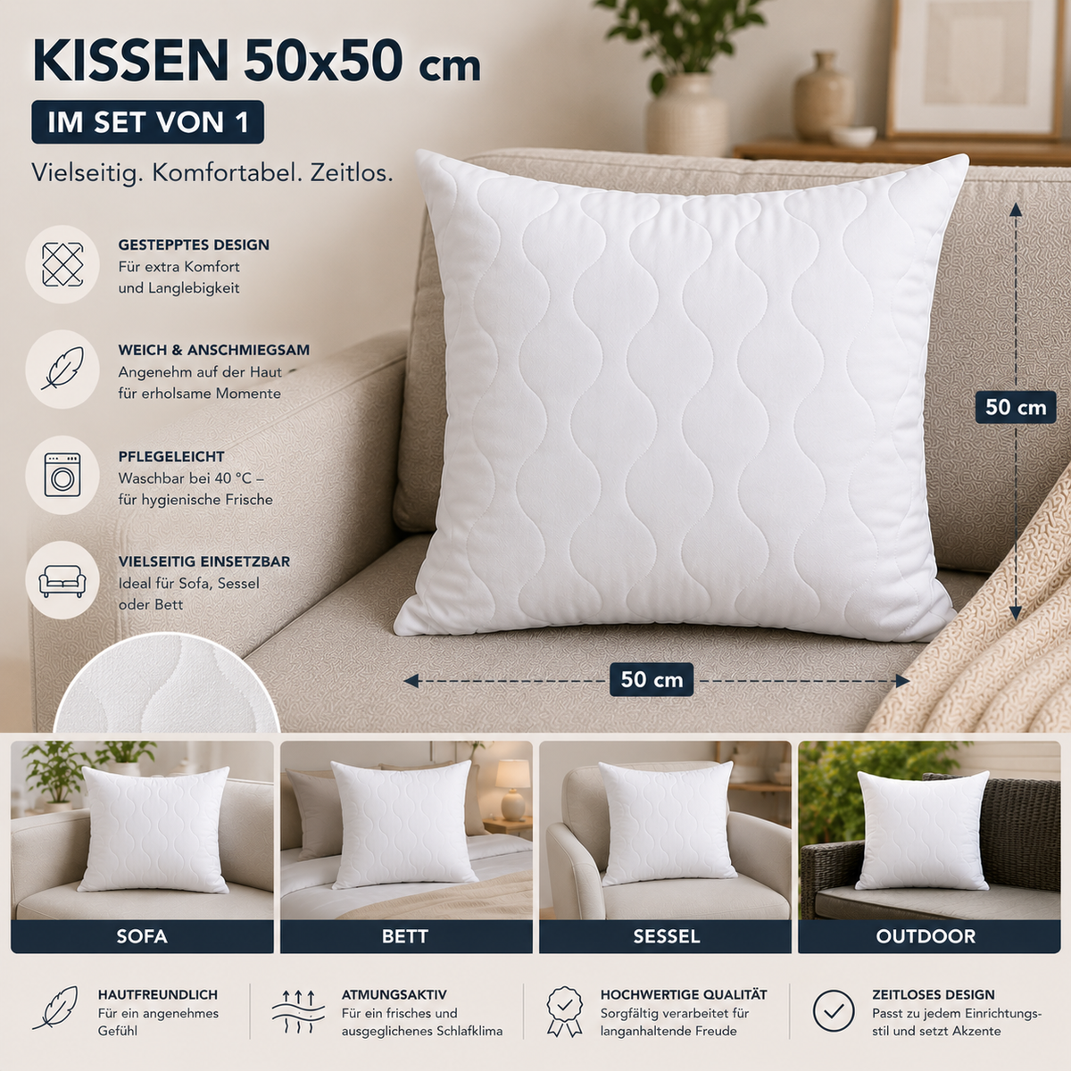 Premium Gestepptes Kissen – 100% Hergestellt in Deutschland | Luxus-Mikrofaser-Kissen mit Virgin-Faserfüllung | Erhältlich in allen Größen