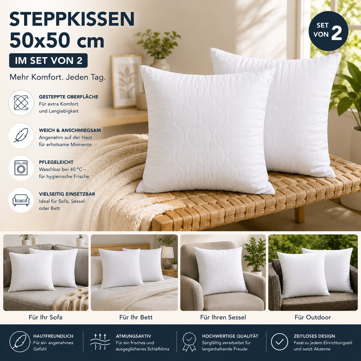 Premium Gestepptes Kissen – 100% Hergestellt in Deutschland | Luxus-Mikrofaser-Kissen mit Virgin-Faserfüllung | Erhältlich in allen Größen