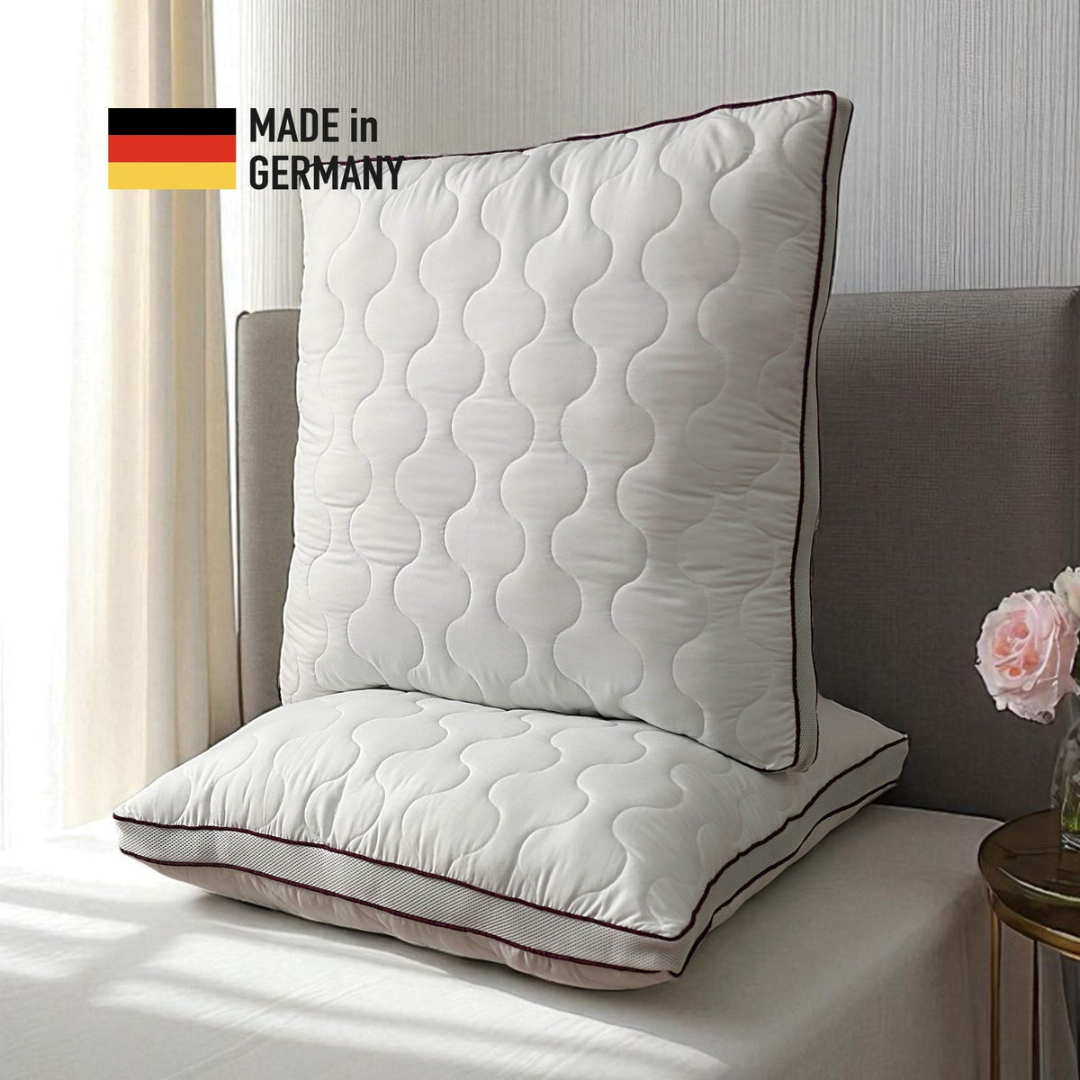 Atmungsaktives Mikrofaser-Kopfkissen 80x80cm – Verstellbarer Härtegrad mit Airflow-Netz | Made in Germany | 1er- oder 2er-Pack | Waschbar mit wiederverwendbarer Aufbewahrungstasche