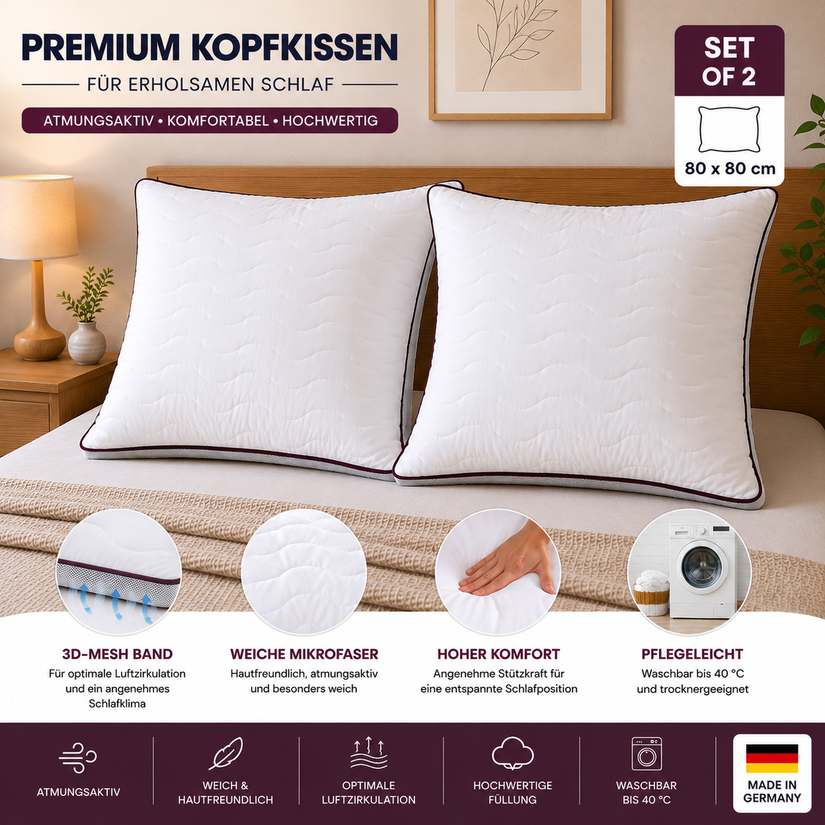 Atmungsaktives Mikrofaser-Kopfkissen 80x80cm – Verstellbarer Härtegrad mit Airflow-Netz | Made in Germany | 1er- oder 2er-Pack | Waschbar mit wiederverwendbarer Aufbewahrungstasche