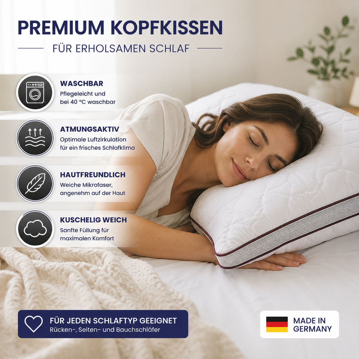 Atmungsaktives Mikrofaser-Kopfkissen 80x80cm – Verstellbarer Härtegrad mit Airflow-Netz | Made in Germany | 1er- oder 2er-Pack | Waschbar mit wiederverwendbarer Aufbewahrungstasche