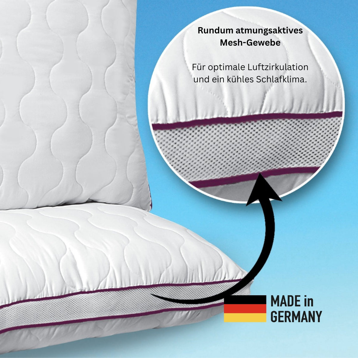 Atmungsaktives Mikrofaser-Kopfkissen 80x80cm – Verstellbarer Härtegrad mit Airflow-Netz | Made in Germany | 1er- oder 2er-Pack | Waschbar mit wiederverwendbarer Aufbewahrungstasche